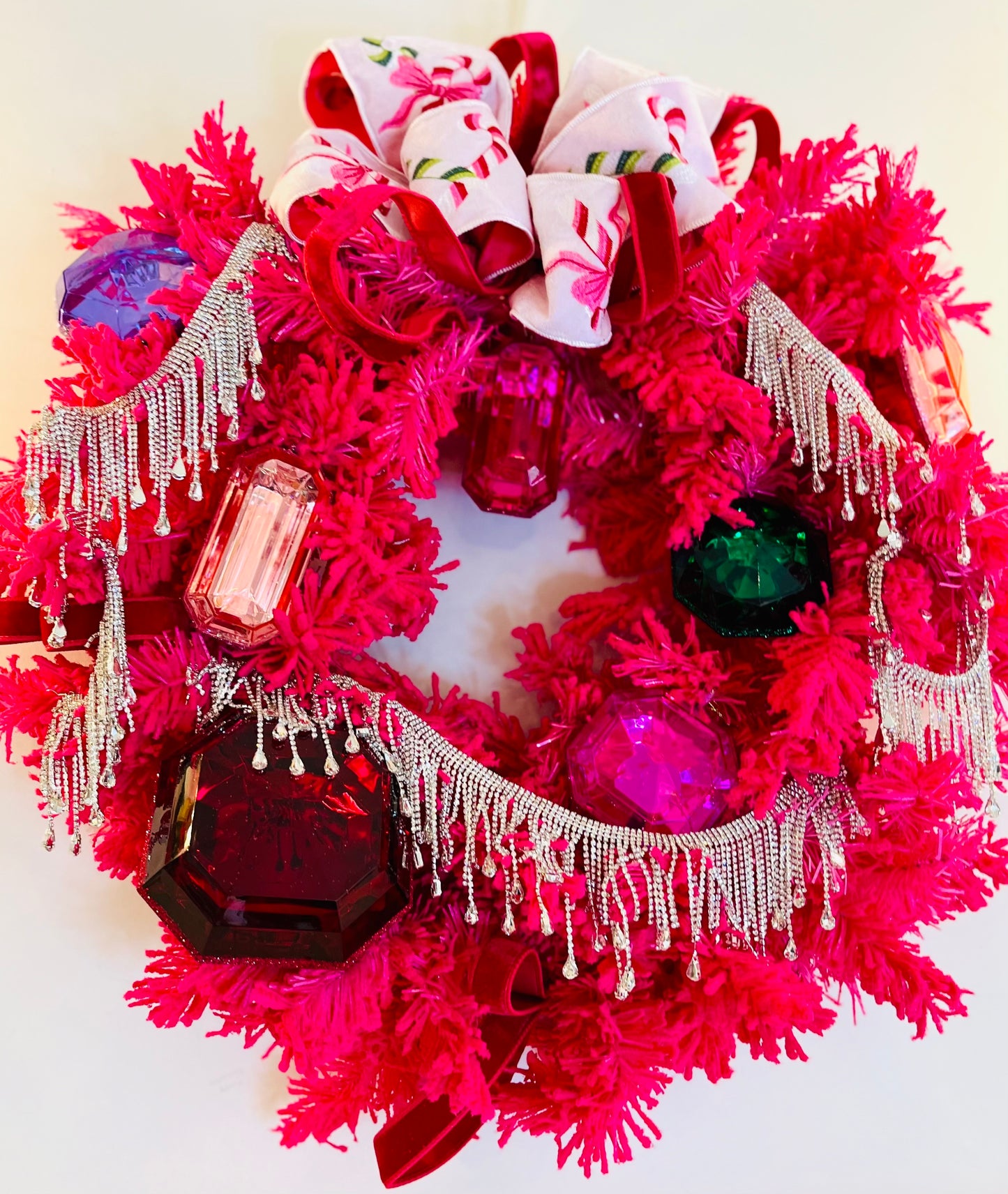 Large Pink Candy Cane Crystal Wreath