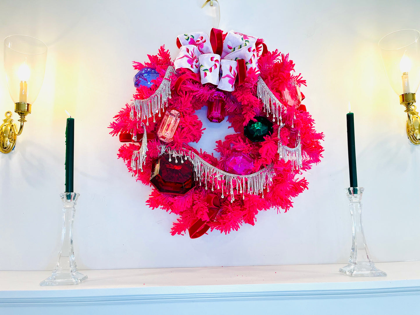 Large Pink Candy Cane Crystal Wreath