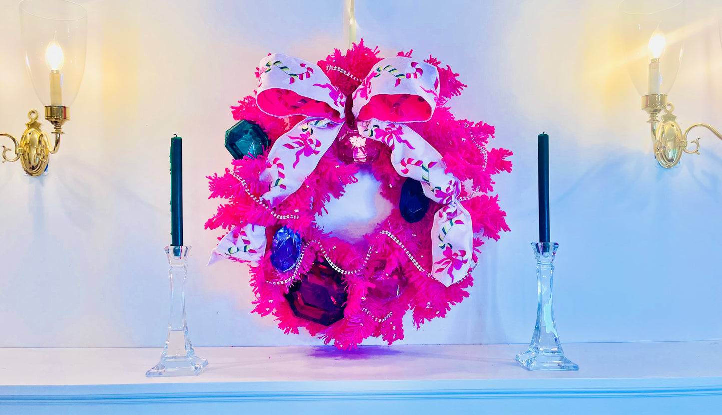 Medium Pink Candy Cane Crystal Wreath